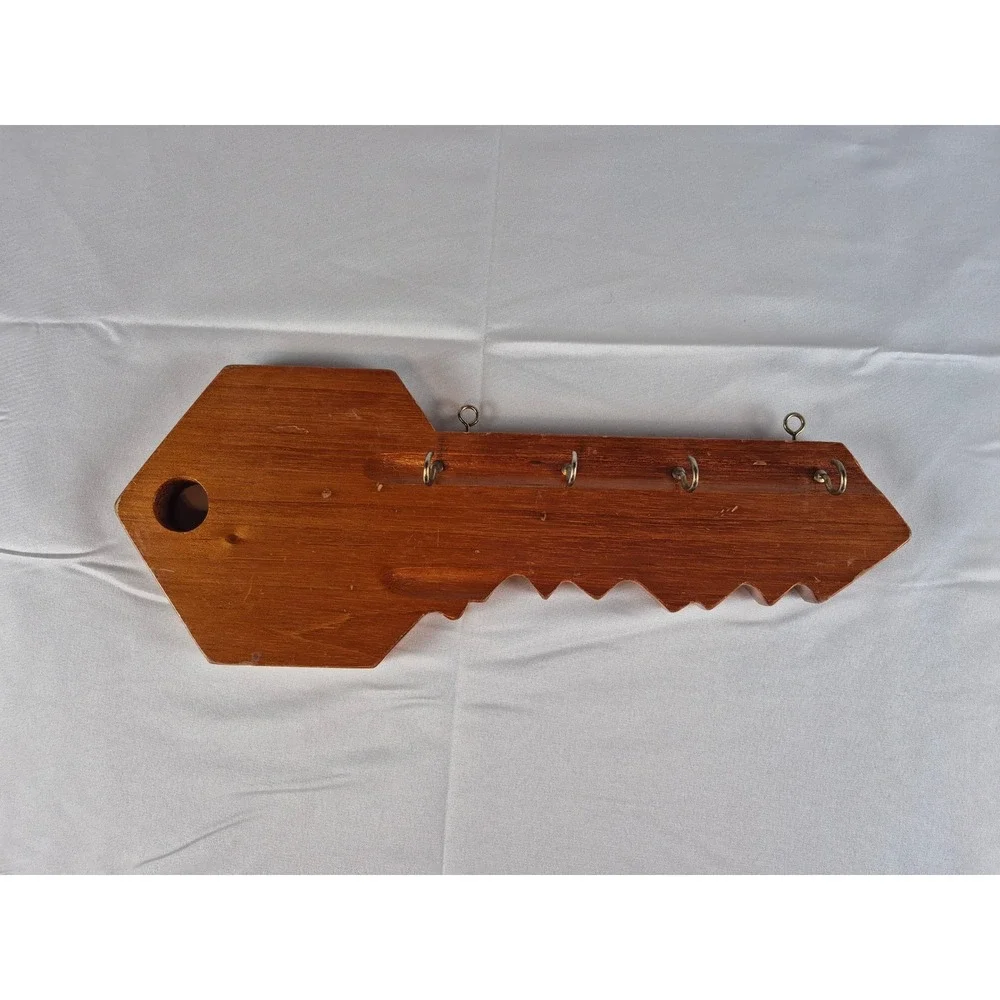 Vintage Rustic Wooden Giant Key Shaped‎ Wall Mounted Key Holder 4 Hooks Entryway